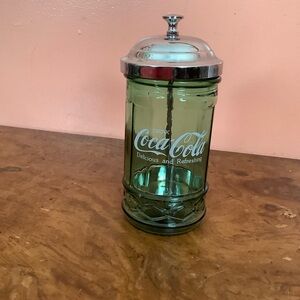 Coca Cola  Green Glass,  Chrome  Lid Pull Up 4.25"  Dispenser Holder 7” High